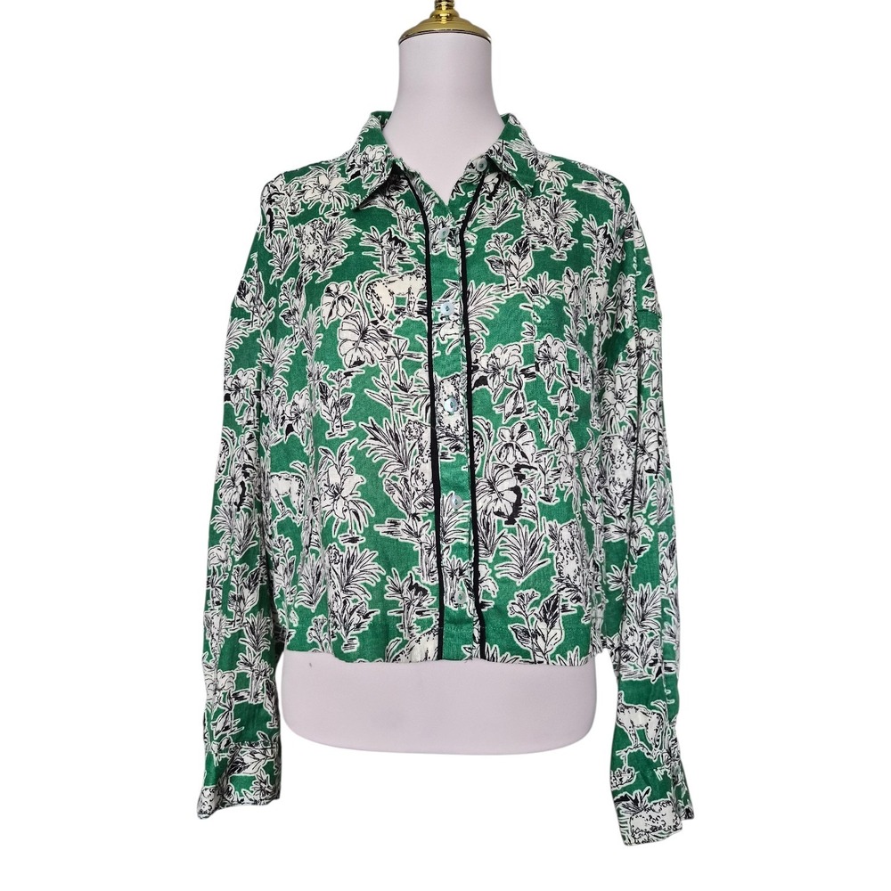 C&C California 100% Linen Green Printed Button Front Shirt Top XL NWT